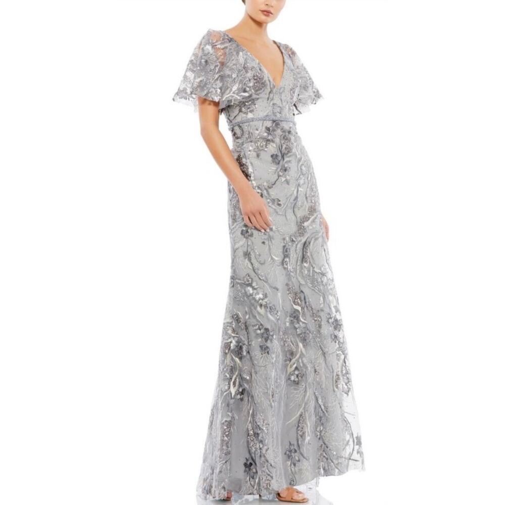 MAC DUGGAL Sequin Embroidered Silver Gray Flutter Sleeve Full Gown